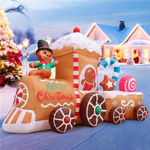8ft Christmas Inflatable Train Decoration with LED Lights, Candy Canes